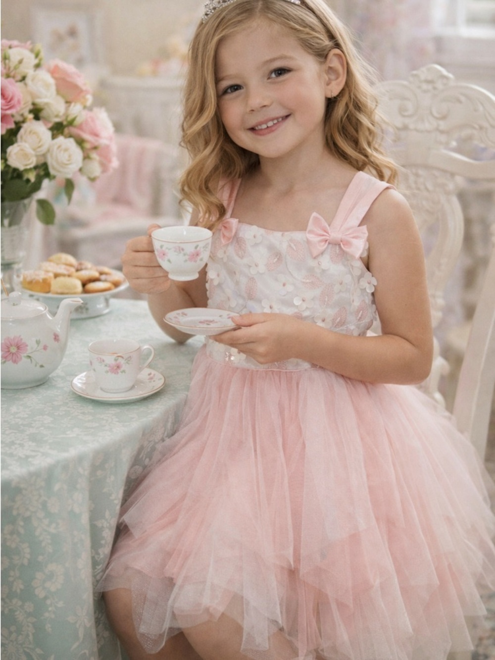 Jona Michelle Pink and White Floral Tulle Party Dress
